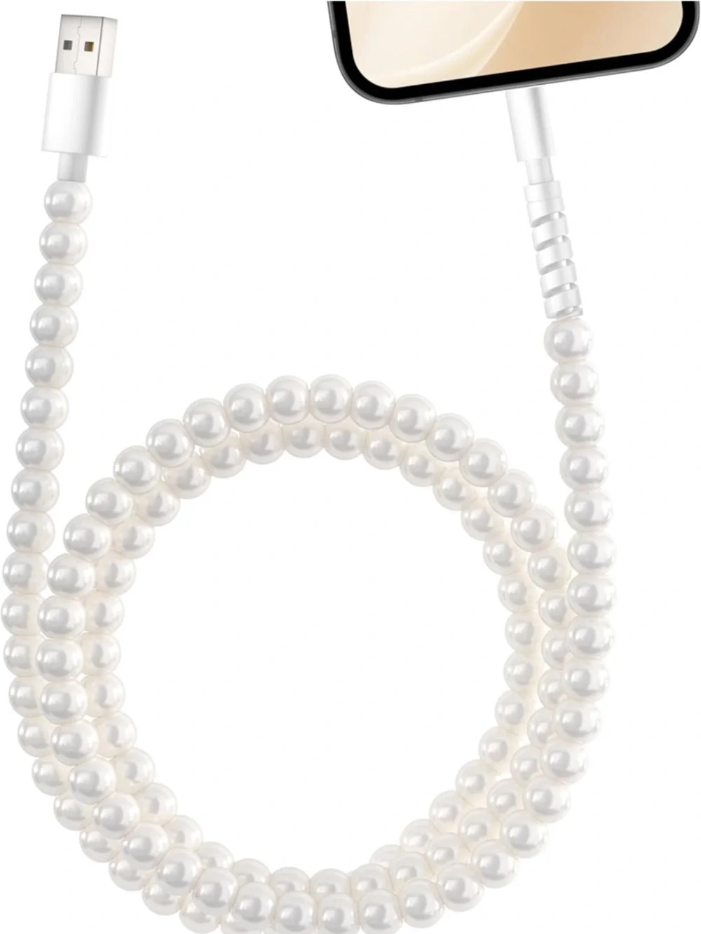 Pearl Beaded Phone Charging Cable - White
